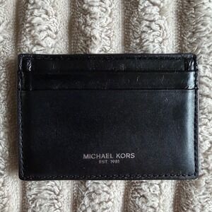 Michael Kors Black Leather Slim Card Case Wallet with ID Window Logo Est 1981